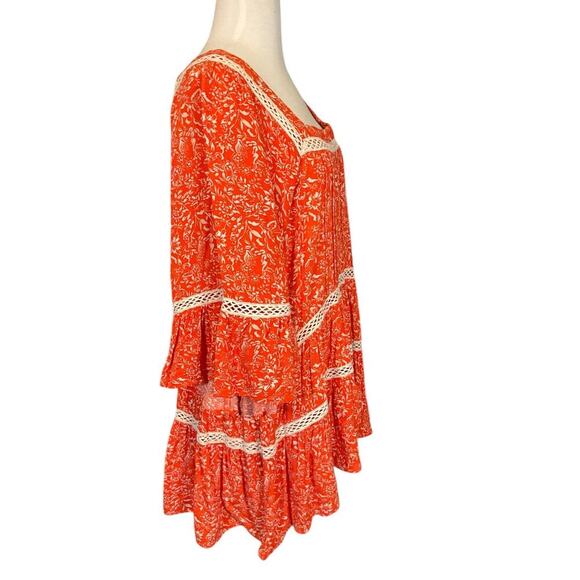 Free People Size Large Orange Boho Print Tunic Top Blouse W Ivory Crochet Trim - Picture 4 of 9